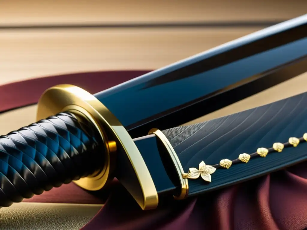 Detalle de una katana japonesa tradicional con influencia del Budismo en Bushido, resplandeciendo en una luz suave y mostrando su elegante artesanía