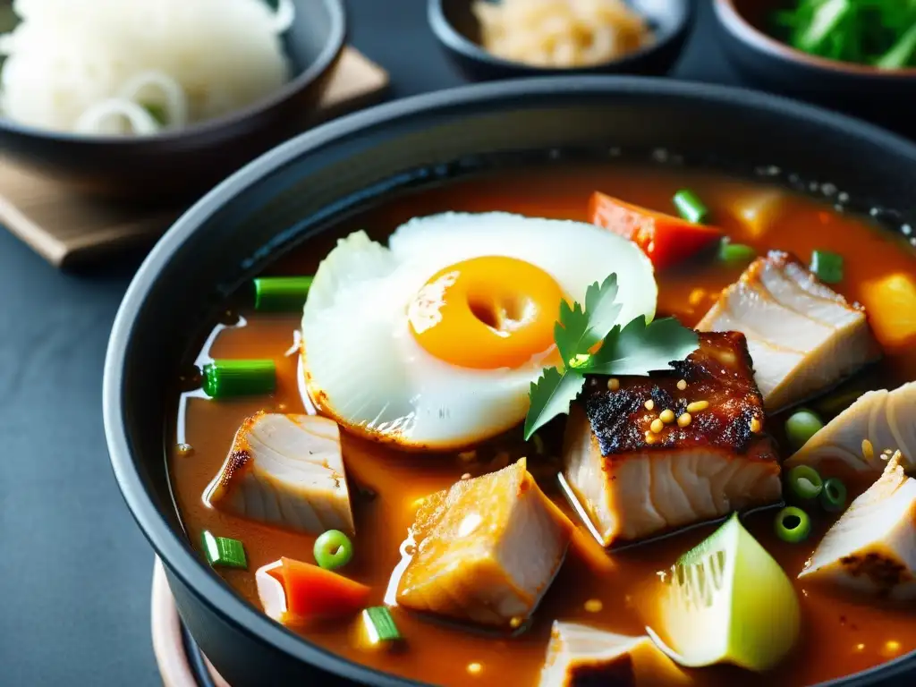 Detalle del kimchi jjigae en olla negra, entendiendo el umami en platos coreanos