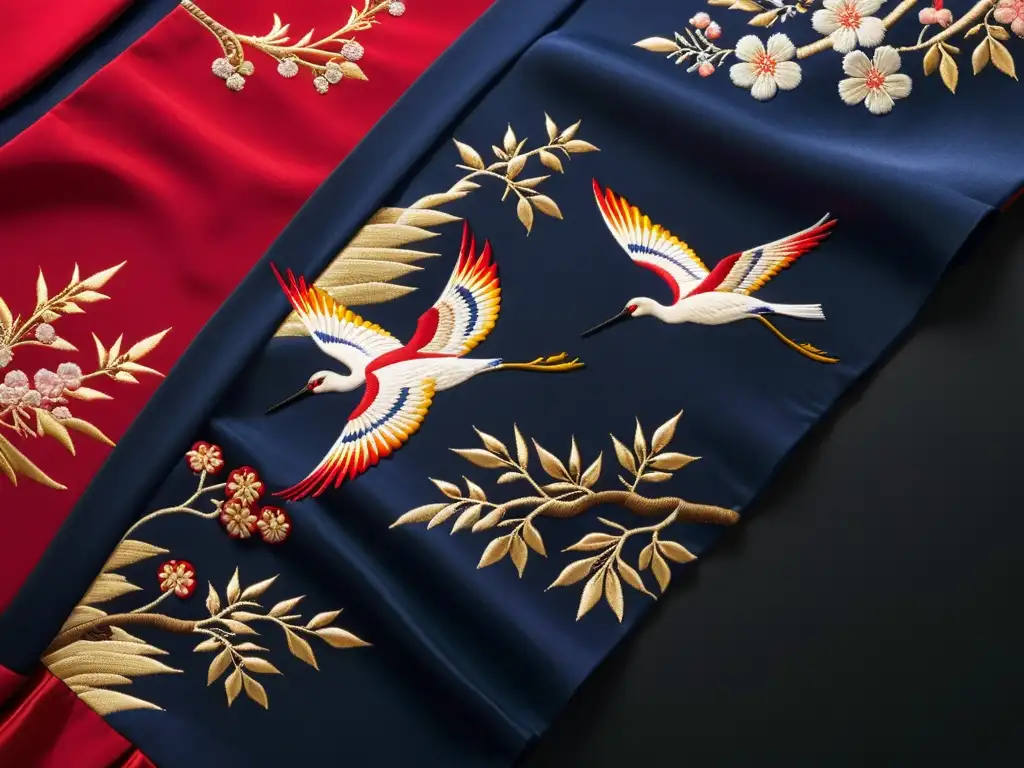 Detalle de kimono Meijiera con bordados vibrantes en rojo, oro e índigo, evocando el lujo tradicional japonés