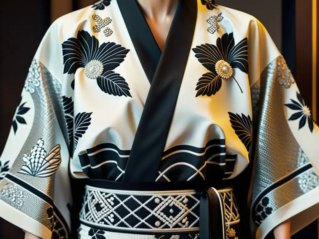 Detalle de kimono japonés con bordado en blanco y negro, destacando la elegancia y el significado de colores en moda asiática