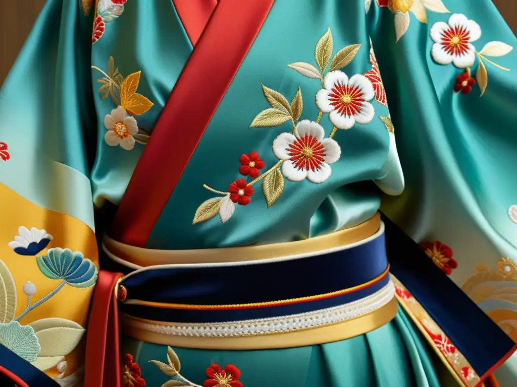 Detalle de un kimono japonés con bordados intrincados y telas de seda, mostrando patrones simbólicos que narran la herencia cultural japonesa