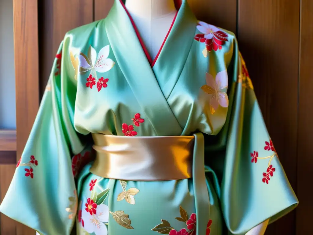 Detalle de un kimono japonés con bordados de cerezos y hilo dorado, representando la influencia de la cultura asiática en la moda