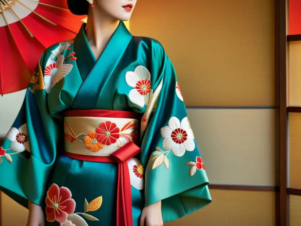 Detalle de un kimono japonés: enigmas de la feminidad y cultura japonesa capturados en delicados bordados, patrones y colores vibrantes