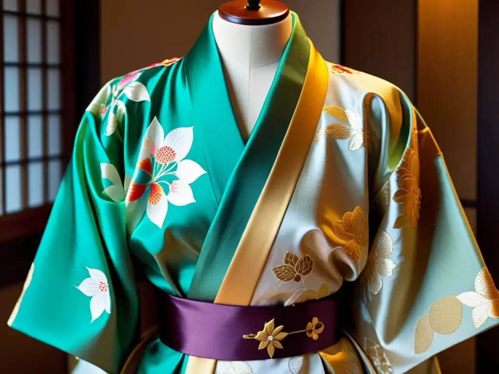 Detalle del kimono japonés de lujo con bordados de seda y obi