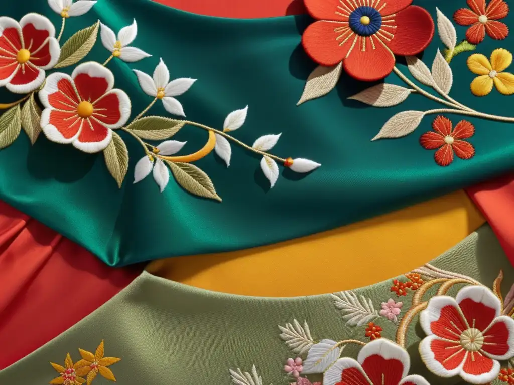 Detalle de un kimono japonés con patrones florales, mostrando la influencia japonesa en patrones florales en la moda occidental