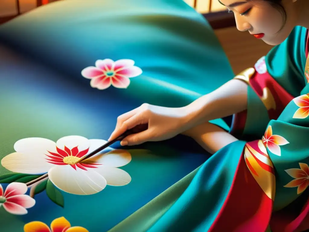 Detalle de un kimono japonés tradicional siendo pintado a mano con lujo y evolución artística