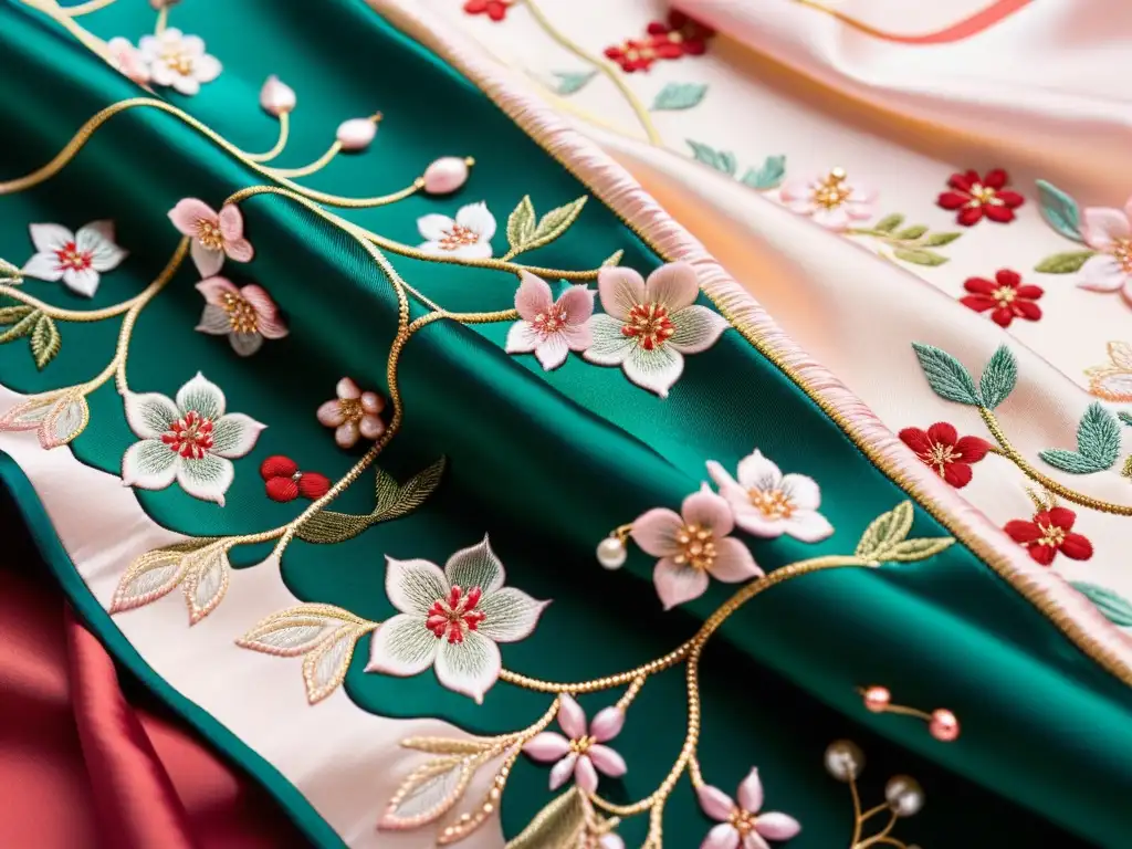 Detalle de un kimono de seda japonés con bordados de cerezos y arroyos, reflejando la alta costura japonesa influencia global