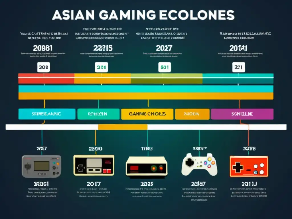 Detalle de una línea de tiempo mostrando la evolución de consolas exclusivas de videojuegos asiáticos, con colores vibrantes y etiquetas claras