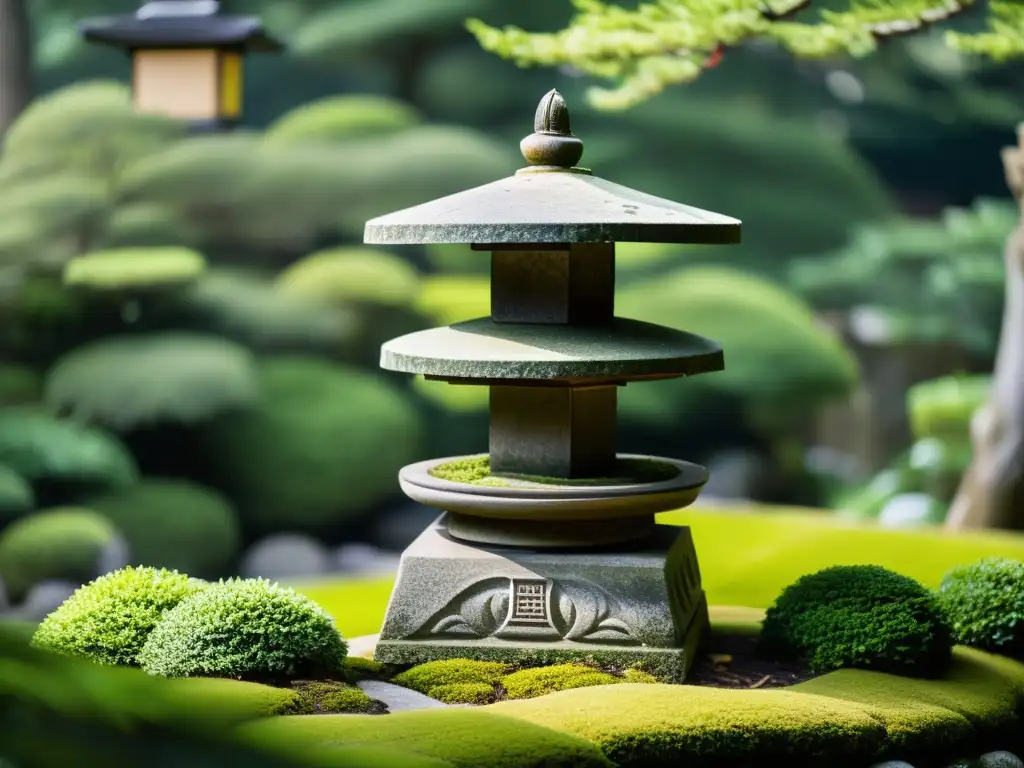 Detalle de linterna de piedra cubierta de musgo en jardín japonés, reflejando el significado estético WabiSabi arte japonés