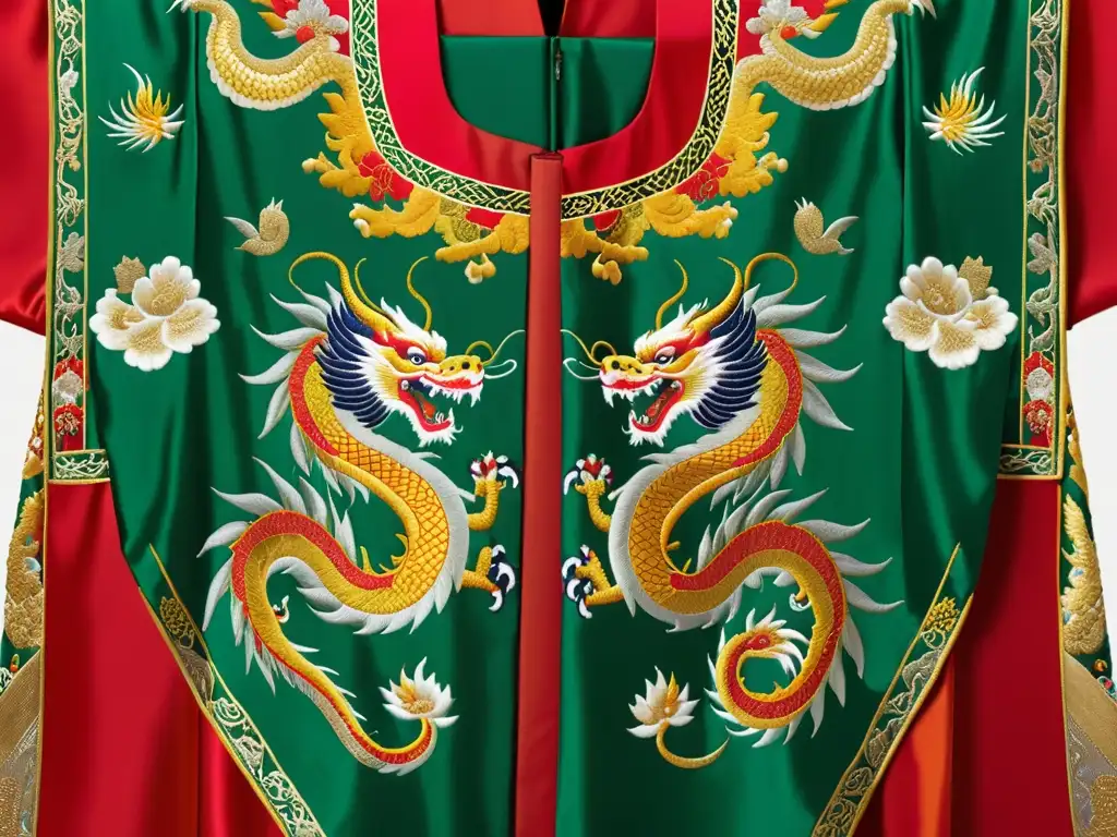 Detalle de lujosa moda china: bordados intrincados con dragones, fénix y motivos florales en seda, reflejando la riqueza cultural y maestría artística