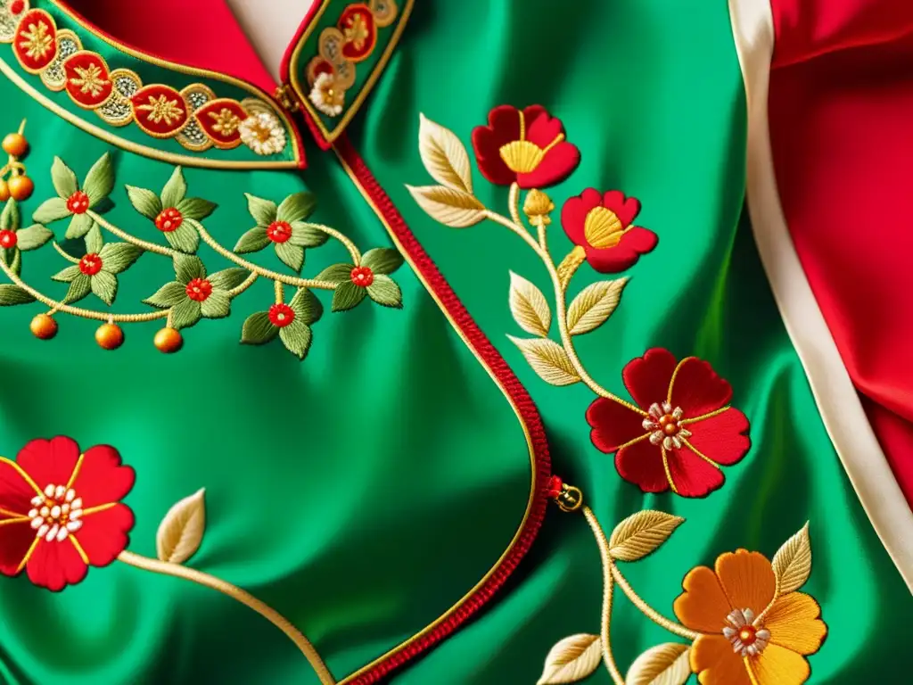 Detalle de un lujoso cheongsam de seda bordado, resaltando la influencia de la tradición china en la moda con motivos florales y patrones ornamentados