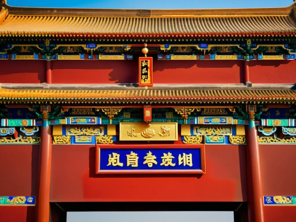 Detalle de la majestuosa arquitectura de la Ciudad Prohibida en Beijing, con sus intrincados grabados, colores vibrantes y la grandeza histórica