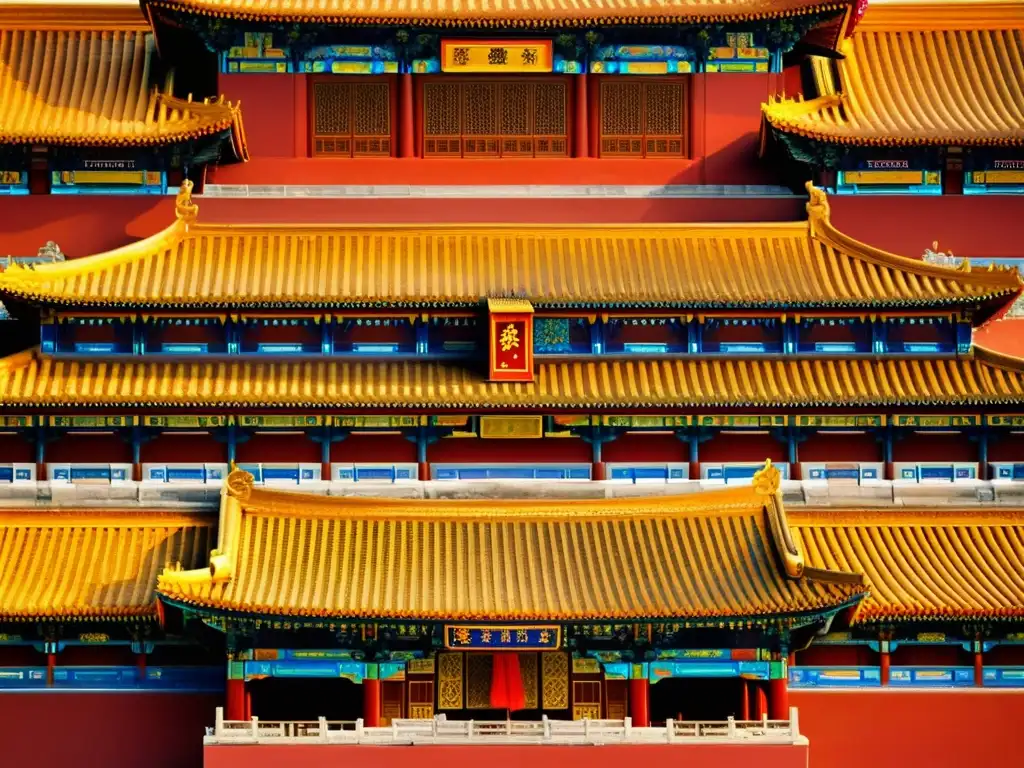 Detalle de la majestuosa Arquitectura Imperial China en la Ciudad Prohibida, con colores vibrantes y diseños tradicionales