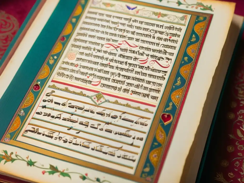 Detalle de manuscrito de poesía clásica india amor, con caligrafía y arte colorido detallado, evocando historia y arte