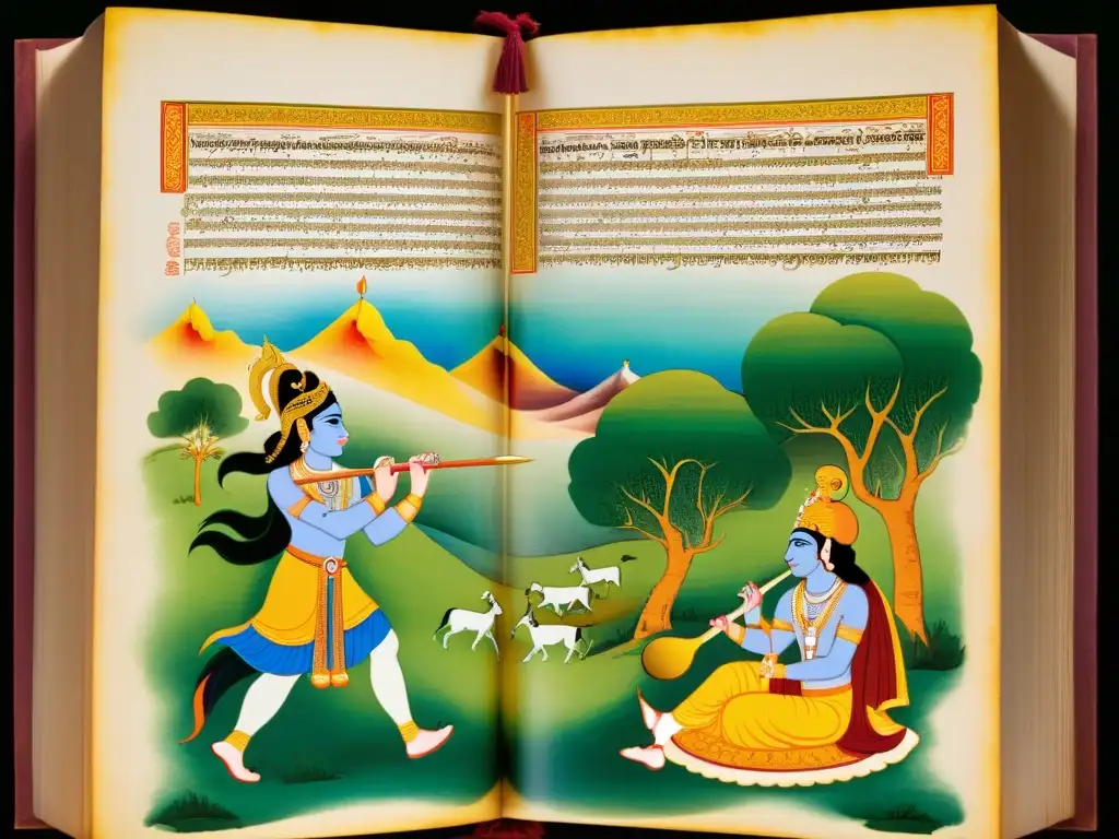 Detalle 8k de manuscrito sánscrito 'Bhagavad Gita', mostrando a Lord Krishna impartiendo sabiduría espiritual a Arjuna en el campo de batalla de Kurukshetra