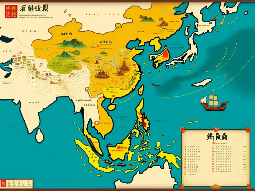 Detalle del mapa de las expediciones marítimas de Zheng He Ming, mostrando rutas y destinos con ilustraciones detalladas y colores vibrantes