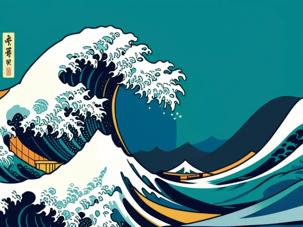 Detalle meticuloso de la icónica obra de arte asiático 'The Great Wave off Kanagawa' de Hokusai, resaltando su legado artístico