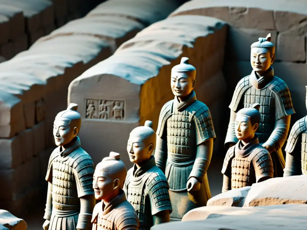 Detalle misterioso de los guerreros de terracota en China, resaltando su arte y misterio