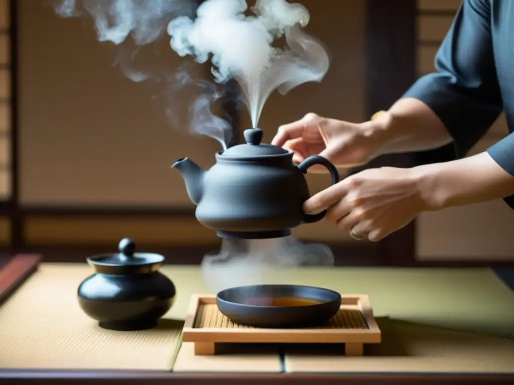 Detalle de una moderna ceremonia del té, fusionando expresión cultural y contemporánea en un ambiente minimalista