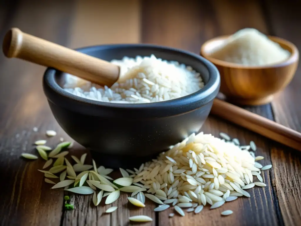 Detalle de un mortero y mano pestle llenos de arroz triturado, con una luz suave que resalta la textura y los beneficios del arroz para piel