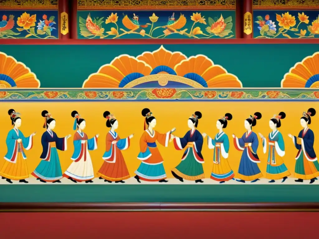 Detalle de mural de la dinastía Tang con minorías étnicas en sus trajes tradicionales, danzas y música, mostrando la diversidad cultural china