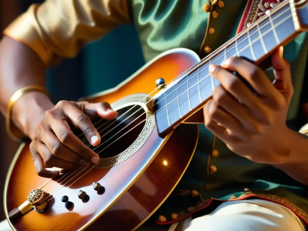 Detalle de un músico clásico indio improvisando en el sitar, con expresión concentrada y cálida iluminación