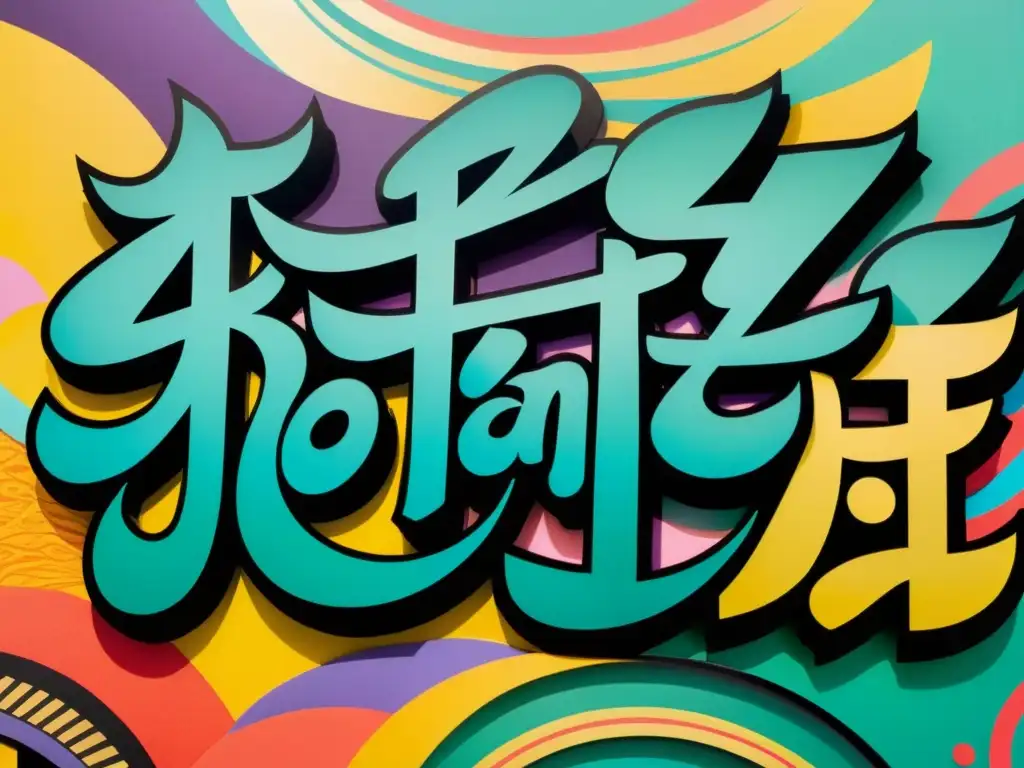 Detalle de obra de arte contemporáneo oriental nuevos artistas con caligrafía tradicional y graffiti moderno en vibrantes colores