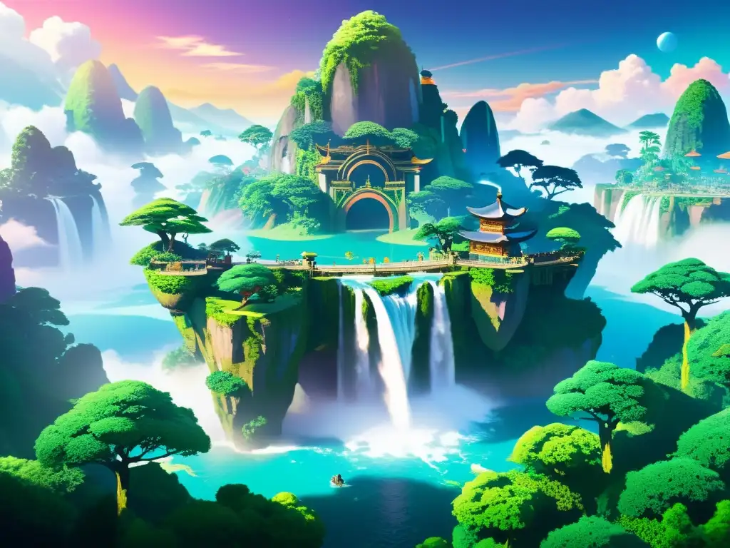 Detalle de un paisaje anime fantástico con colores vibrantes y surrealistas, estructuras imponentes y islas etéreas