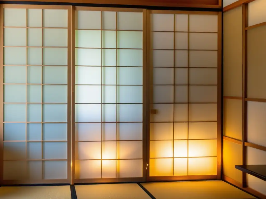 Detalle de una pantalla shoji japonesa con intrincado trabajo en madera y paneles de papel, iluminada por suave luz natural