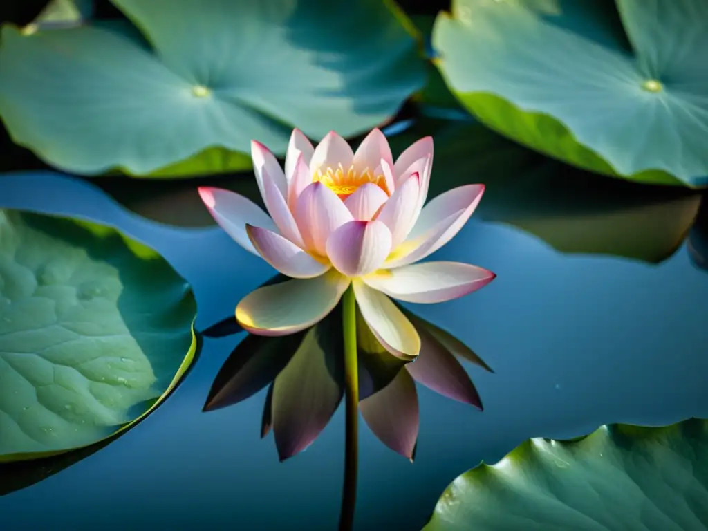 Detalle de un pétalo de flor de loto en un estanque con rocío, reflejando la luz matutina