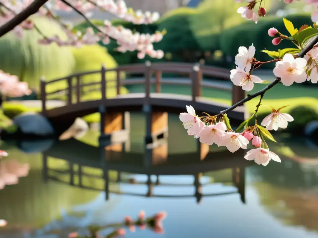 Detalle de pétalos de cerezo en flor, bañados por la cálida luz del sol en un jardín japonés con puente de madera y estanque sereno