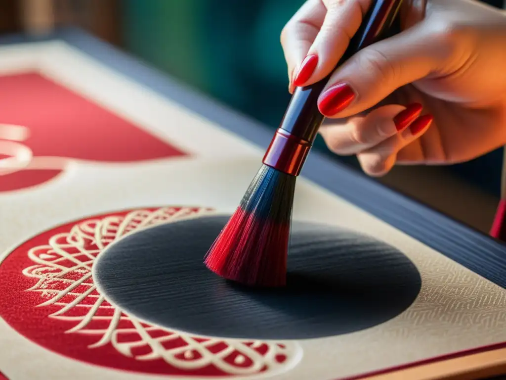 Detalle de pincel de caligrafía japonés sumergiéndose en tinta carmesí, capturando la esencia y significado de los colores en la práctica milenaria