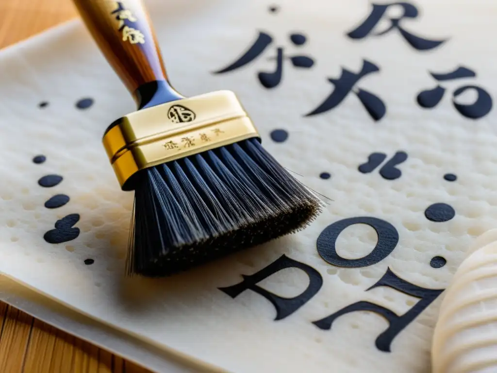 Detalle de pincel de caligrafía japonesa sobre papel de arroz con elegantes caracteres en tinta