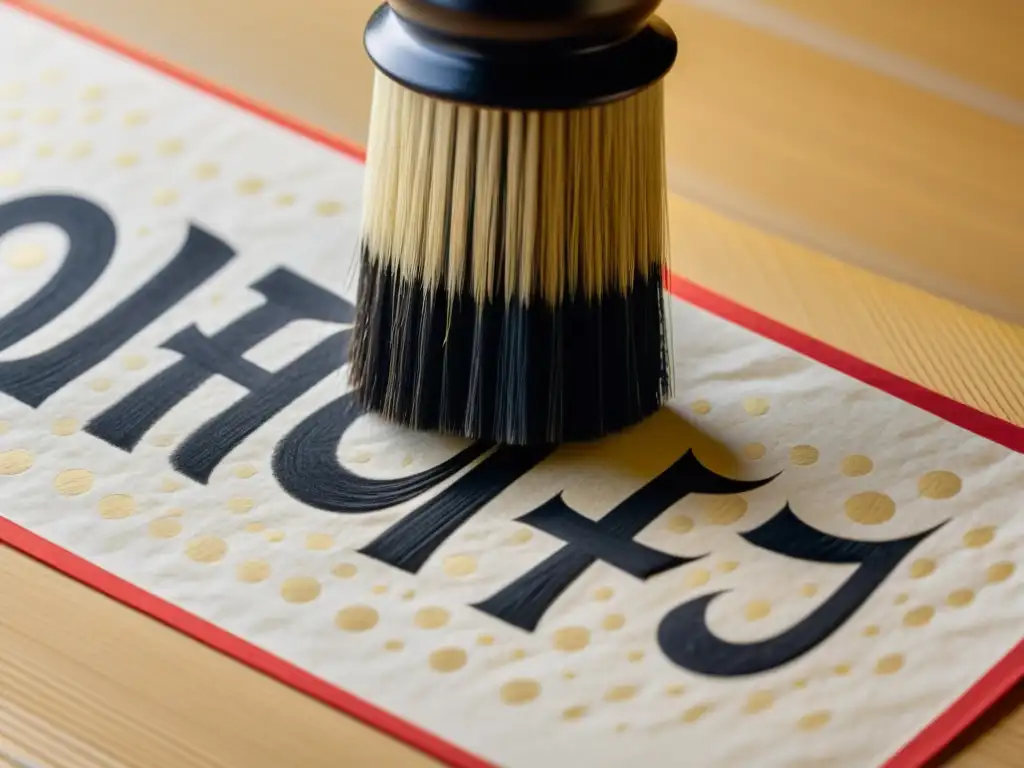 Detalle de pincel de caligrafía japonesa en papel washi, exudando contemplación filosófica