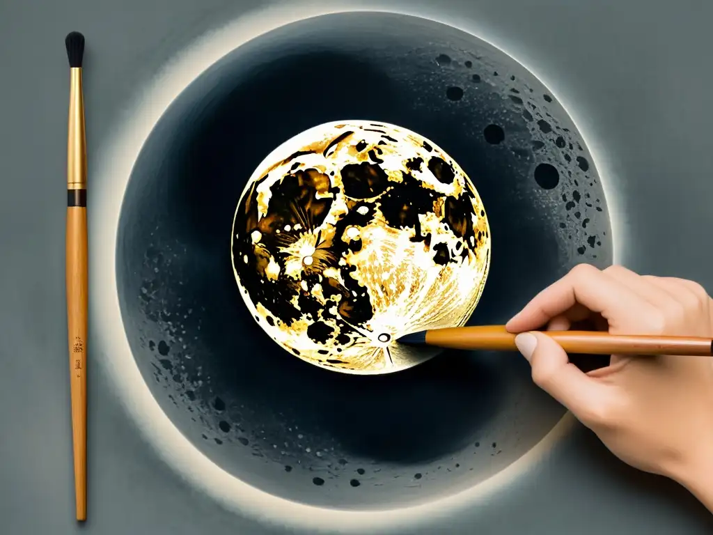 Detalle de pincelada en arte japonés: representación visual de la luna en delicada caligrafía