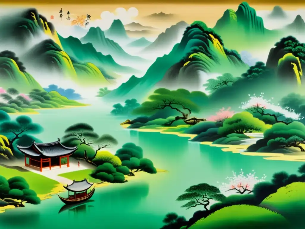 Detalle de pintura china de la dinastía Tang con poesía, paisajes naturales y cerezos en flor