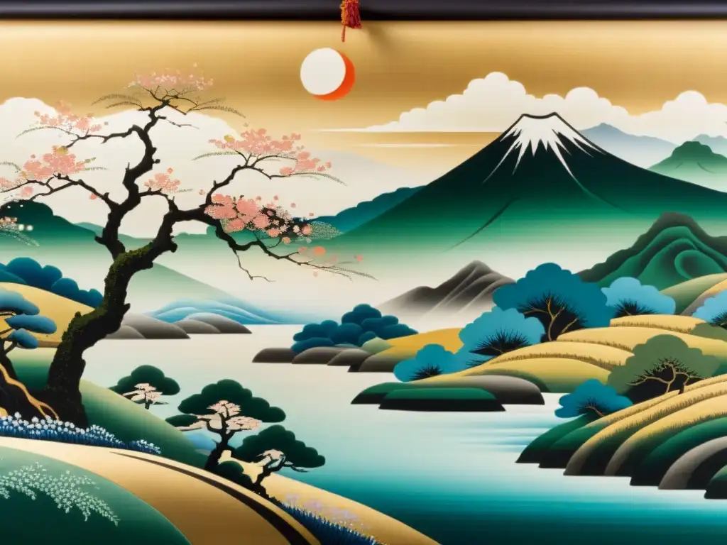 Detalle de pintura clásica japonesa en seda, muestra paisaje sereno con colores vibrantes y detalles delicados