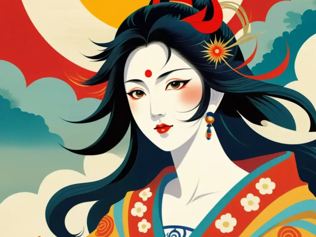 Detalle de pintura japonesa de la diosa Amaterasu, reflejando espiritualidad a través arte Shinto