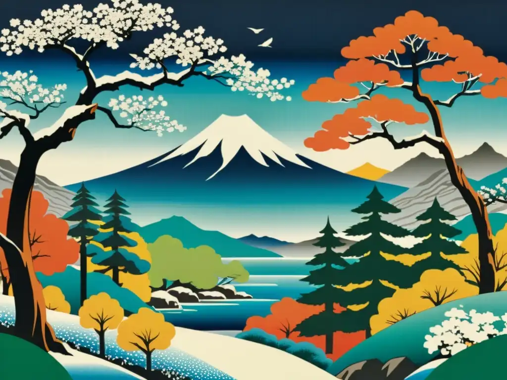 Detalle de una pintura japonesa de las estaciones con flores de cerezo, paisajes vibrantes y figuras vestidas con kimonos, exudando belleza atemporal