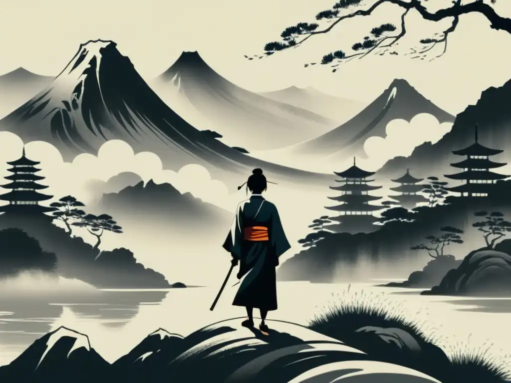 Detalle de pintura japonesa con influencia del cine, muestra paisaje dramático y figura solitaria en vestimenta tradicional