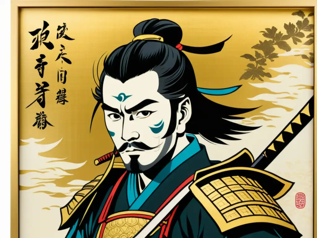 Detalle de pintura japonesa de un samurái con colores vibrantes y detalles intrincados, reflejando el origen y evolución del manga