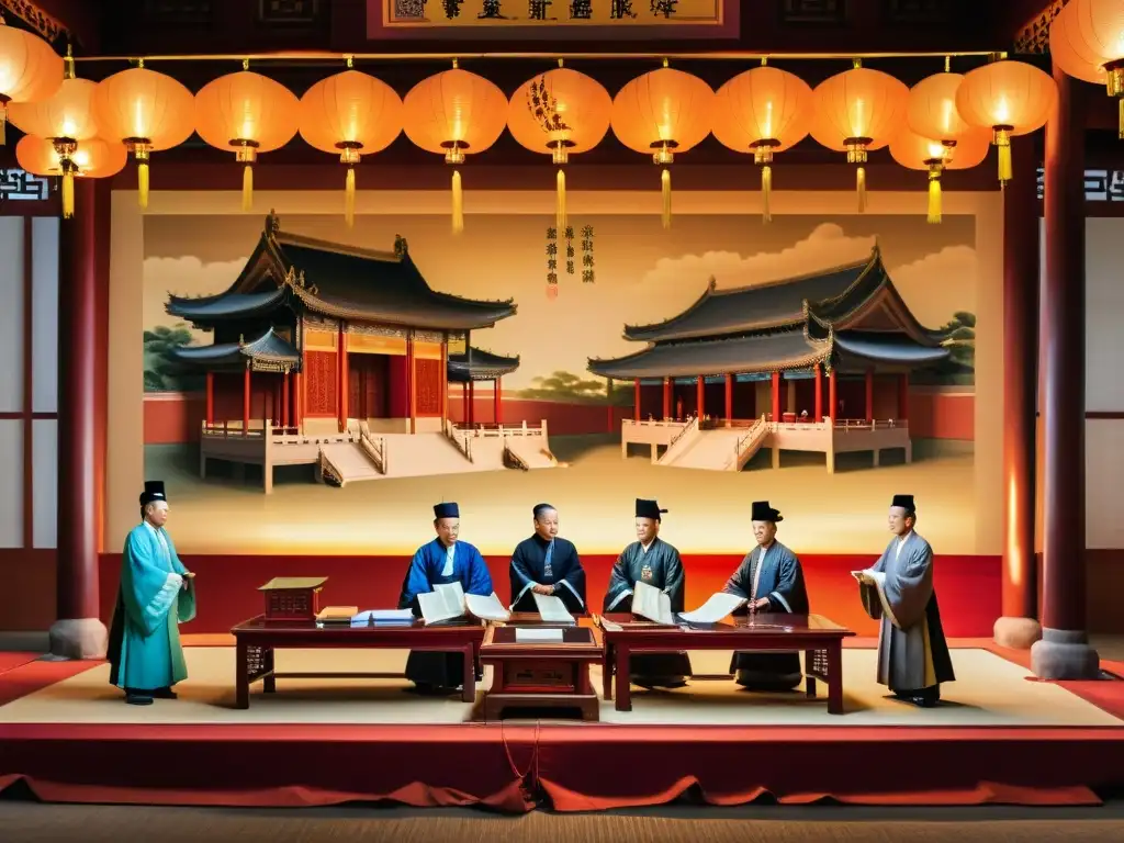 Oficiales Qing revisan registros fiscales en gran sala Detalle de pintura: Oficiales Qing revisando registros fiscales en gran salón iluminado por linternas, capturando la atmósfera burocrática de la Política Fiscal Dinastía Qing Imperio
