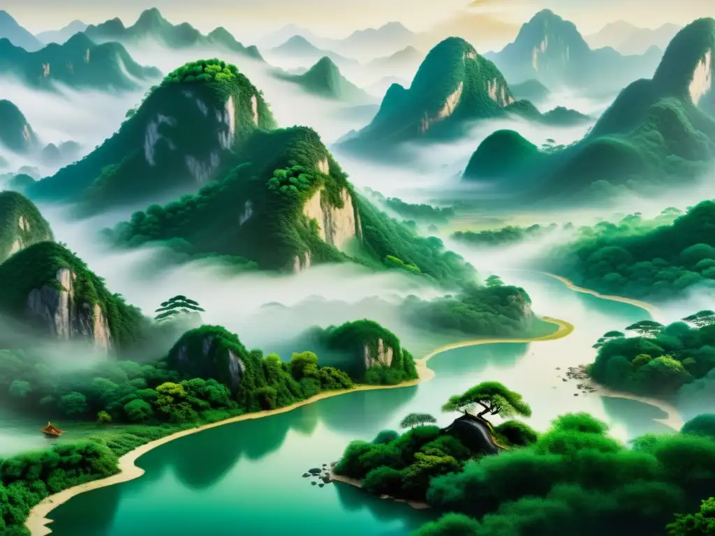 Detalle de pintura paisajista china de la dinastía Yuan: montañas brumosas, ríos tranquilos, bosques exuberantes y serenidad atemporal