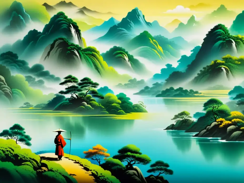 Detalle de pintura taoísta: paisaje sereno con montañas cubiertas de niebla, río tranquilo y figura practicando tai chi