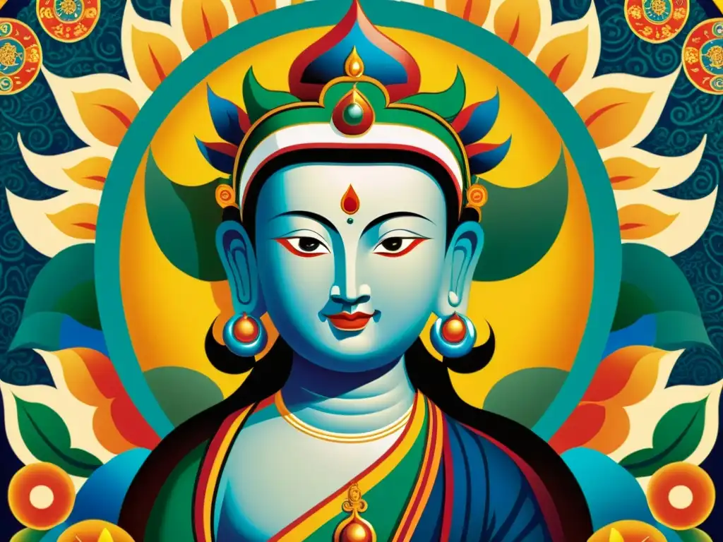 Thangka tibetano: colores vibrantes y simbolismo espiritual Detalle de una pintura thangka tibetana, con colores vibrantes y simbolismo espiritual, para invertir en Arte Religioso Asiático