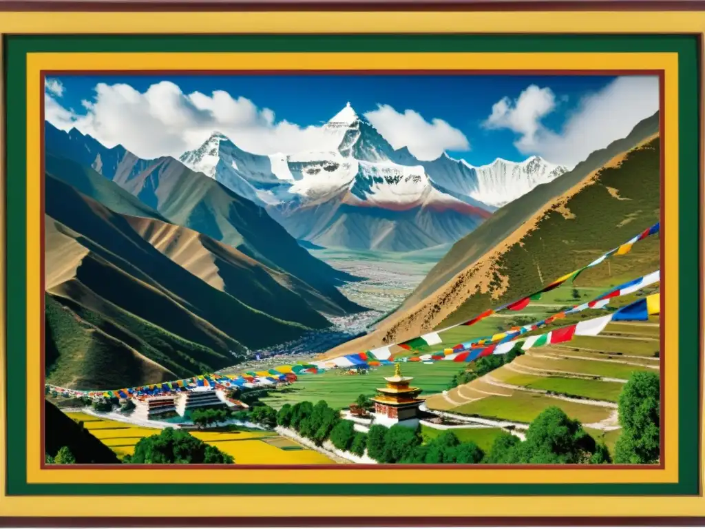 Thangka tibetano: paisaje sereno y colores vibrantes Detalle de una pintura tibetana thangka, con paisaje sereno y colores vibrantes