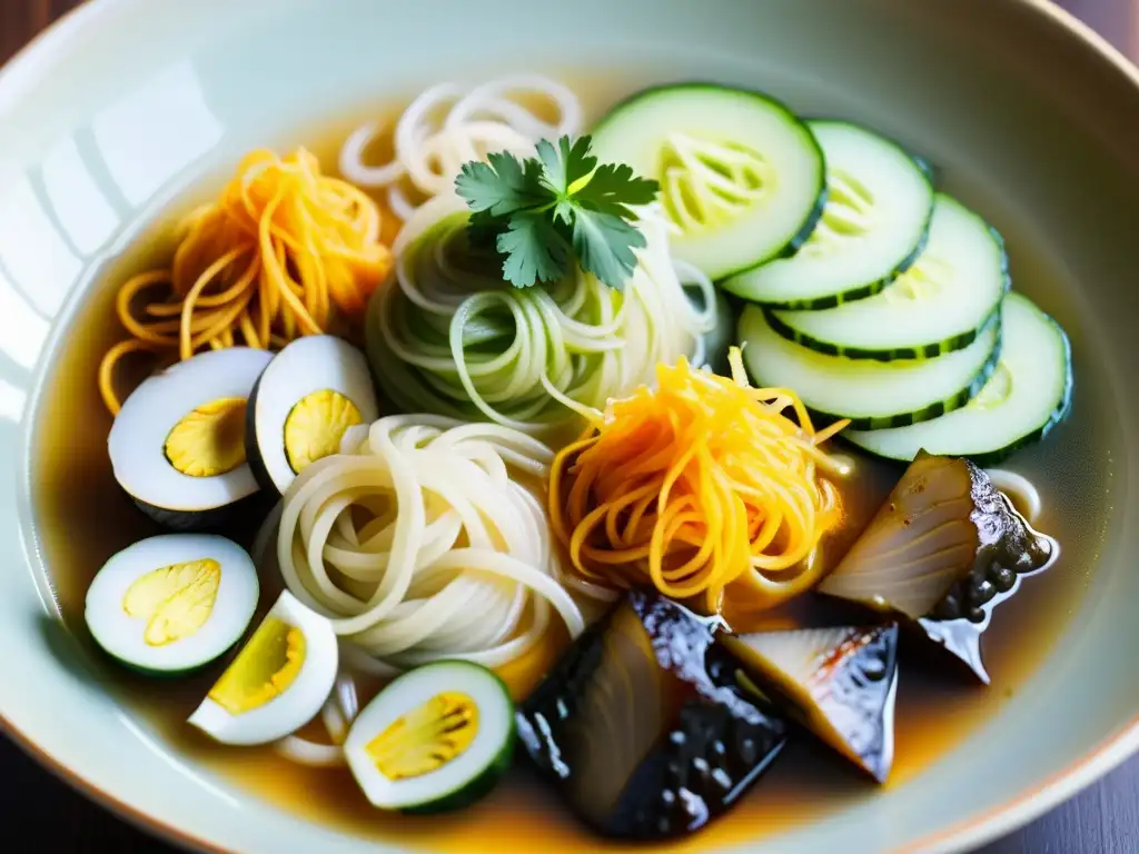 Detalle de un plato de Fideos Janchi Guksu, una celebración coreana de colores vibrantes y aromas tentadores