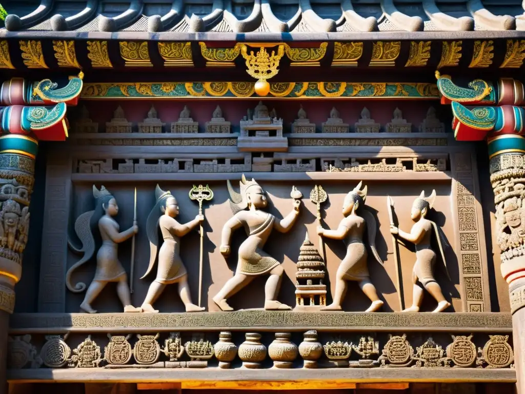 Detalles tallados en templo antiguo: criaturas míticas y patrones florales Detalle preciso de las esculturas en un templo antiguo en Asia, con patrones florales y criaturas mitológicas