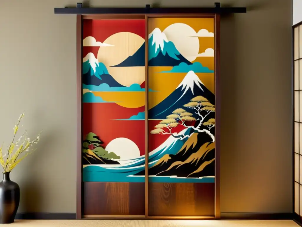 Detalle de una puerta deslizante Fusuma japonesa con arte tradicional, evocando elegancia y artesanía en la evolución de la arquitectura japonesa