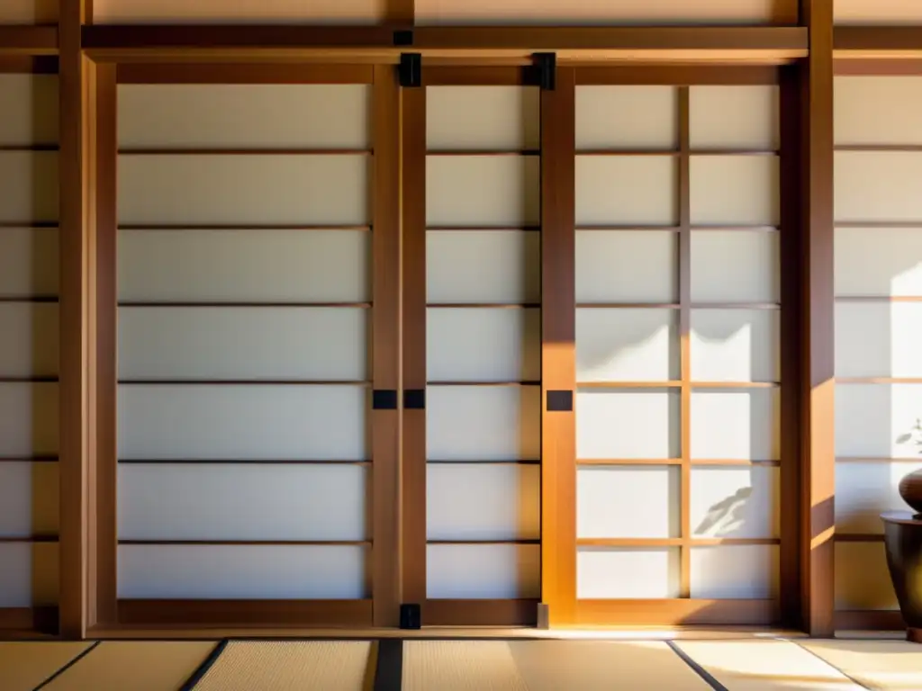 Detalle de puertas shoji japonesas con luz natural filtrándose, evocando la evolución de la arquitectura japonesa y su belleza atemporal